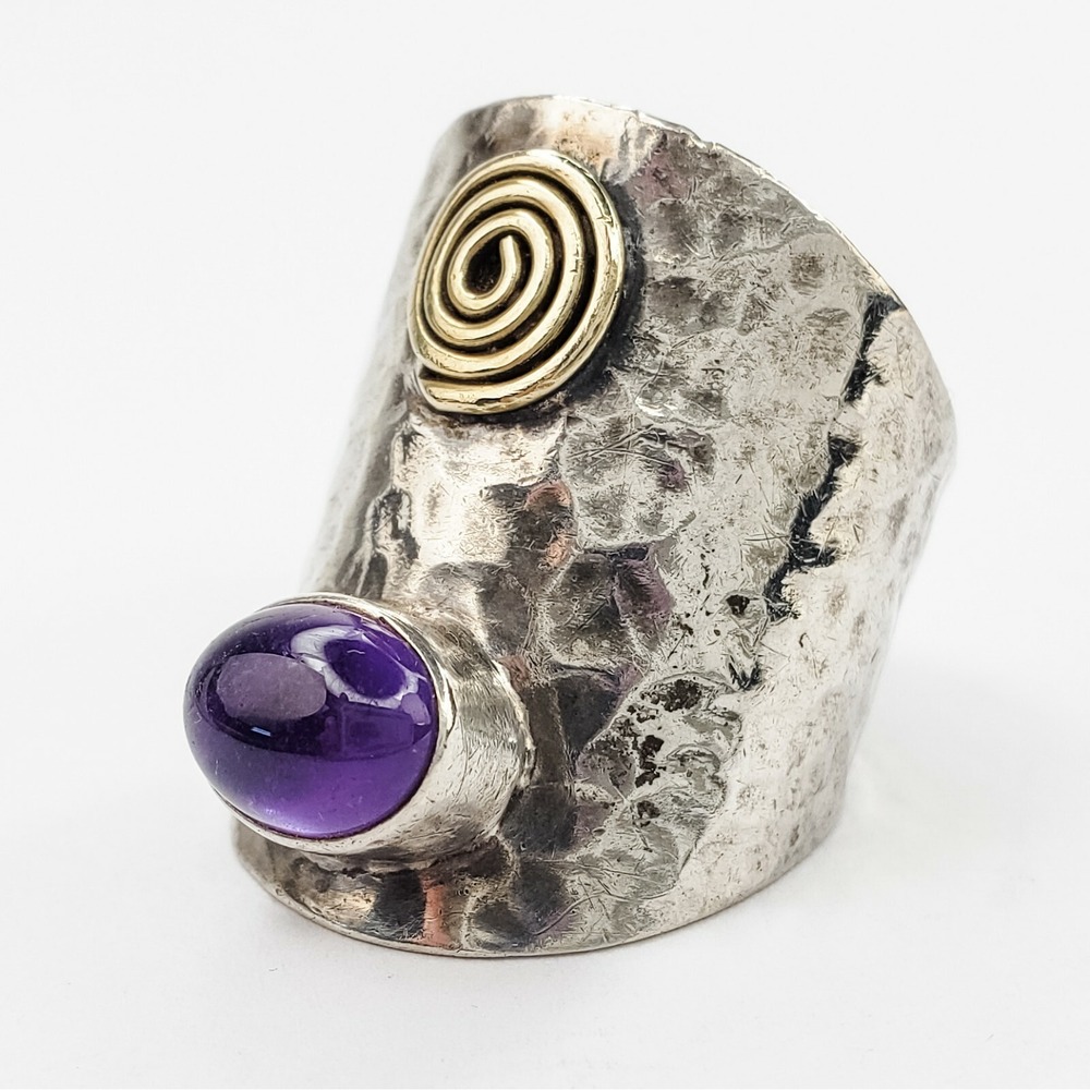 Vintage Wide Hammered Band Ring 7.5 Purple Amethyst Sterling Silver 925